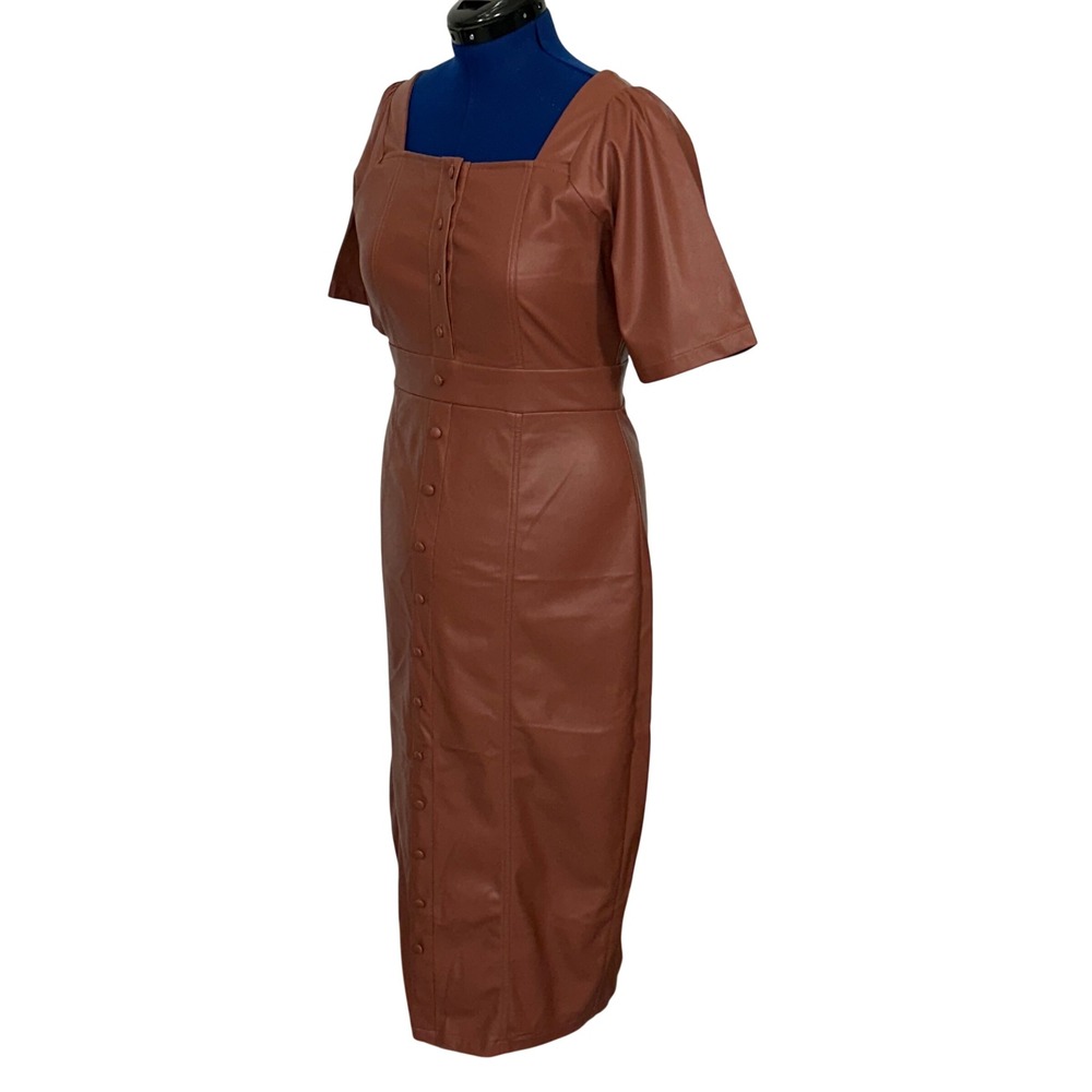 Ivy City Co Faux Leather Button Front Midi‎ Dress Large Brown Square Neck Chic